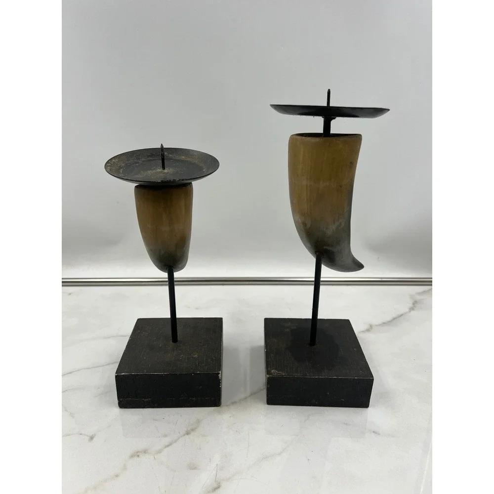 Elements Faux Horn Pillar Candle Holders Set of 2 Rustic Lodge Decor Black Tan